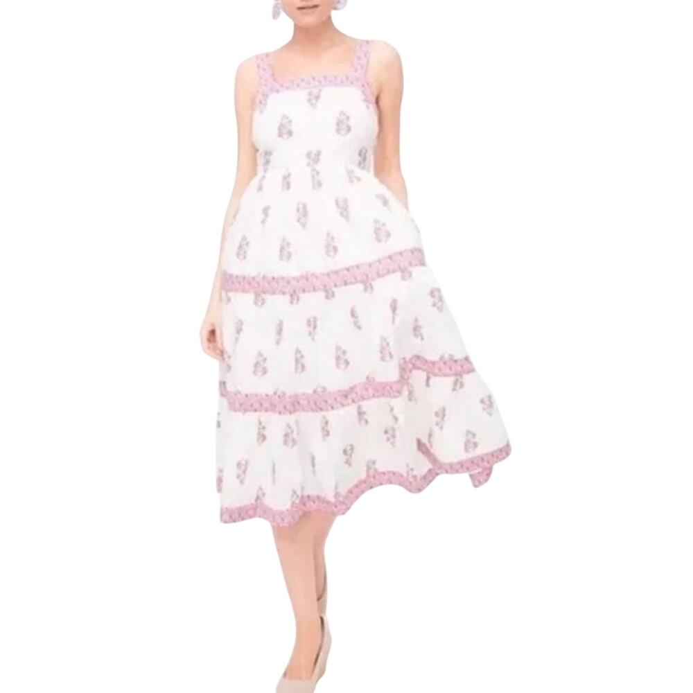 J. Crew Floral Tiered Midi Dress, Pink White Cotton Smocked Back, Plus Size 16